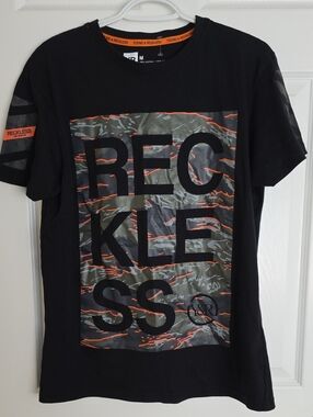 Young & Reckless Black Tee with Olive Camo & Orange Accent
